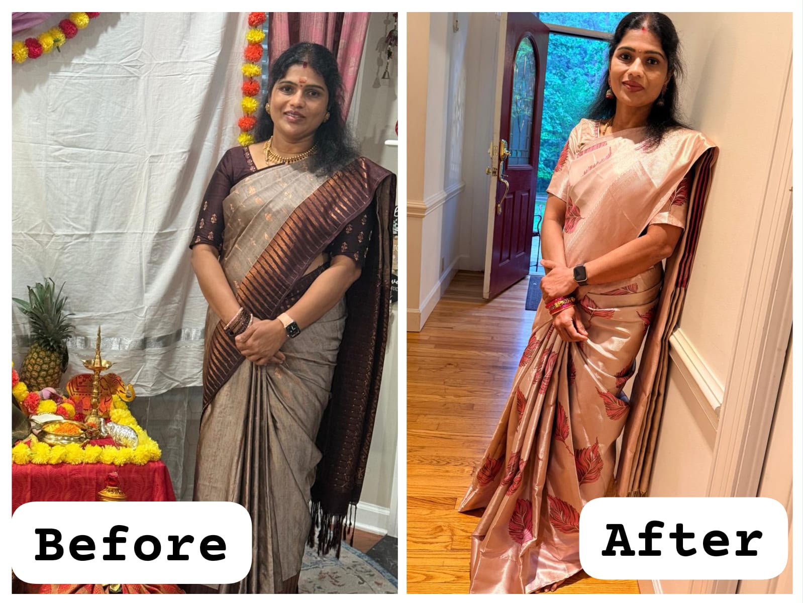 Nithiya, before and after, 32 lbs weight loss