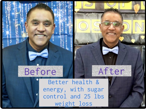 Anand Srinivasan before and after, 25 lbs weight loss with improved sugar control