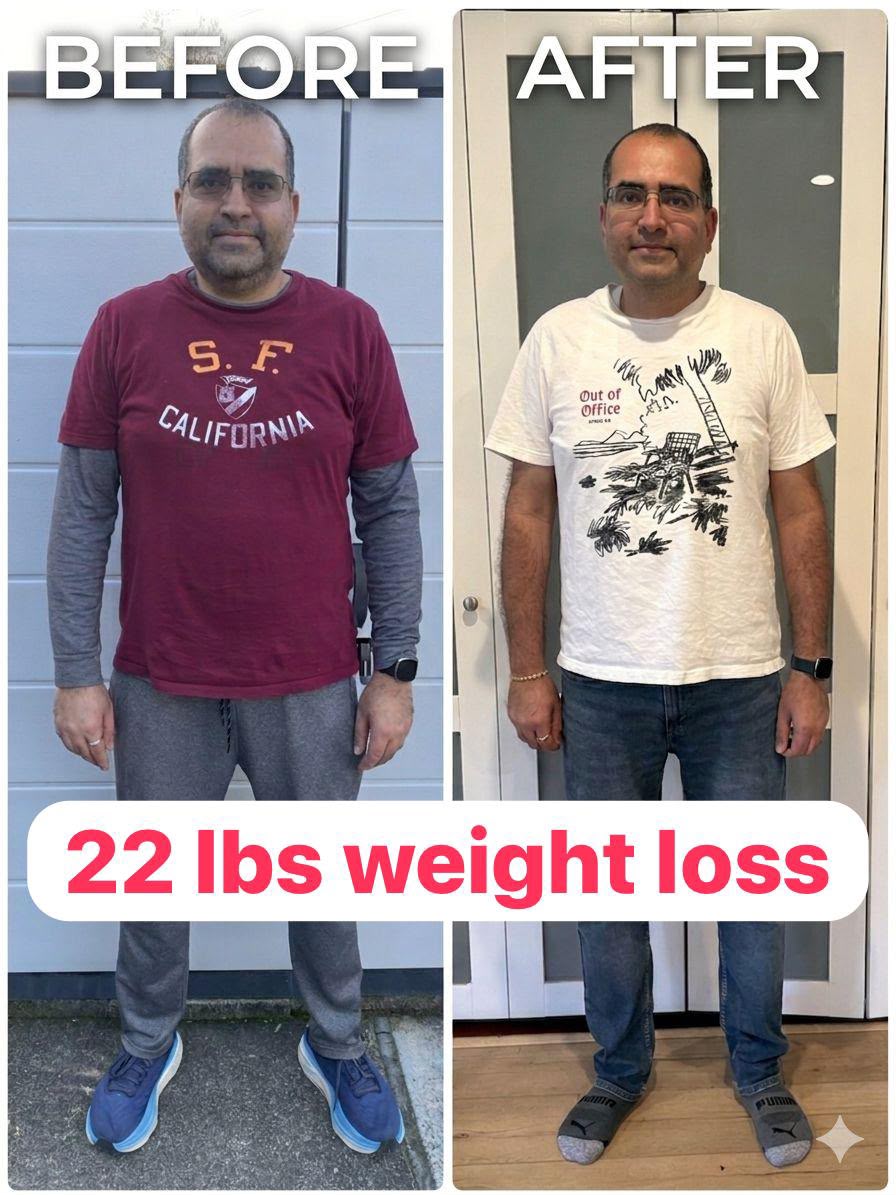 Before and after transformation photo, 22 lbs weight loss