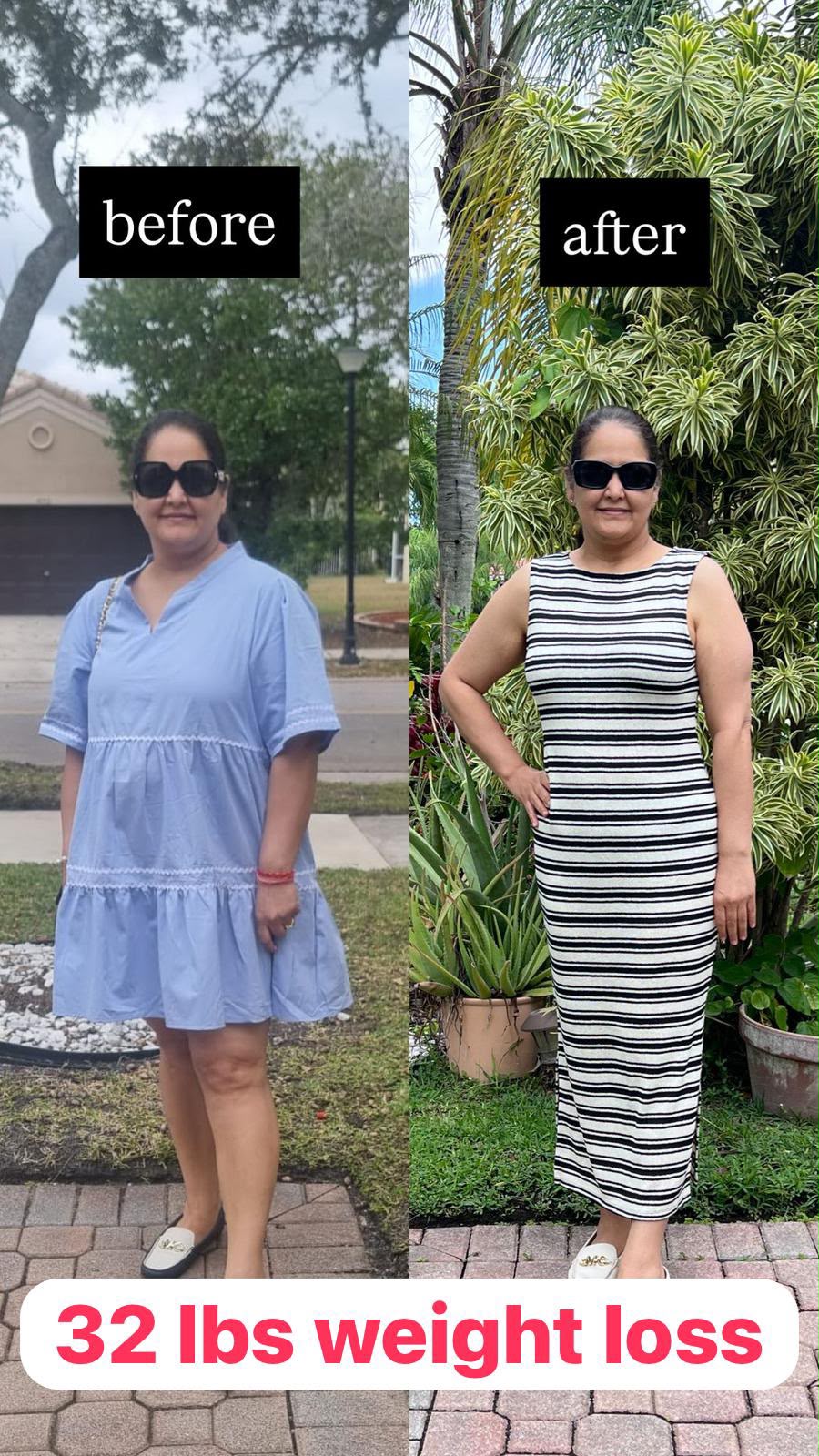 Before and after transformation photo, 32 lbs weight loss