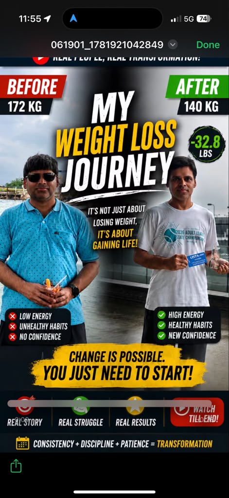 Before and after photo of a male participant, 172 kg to 140 kg weight loss journey